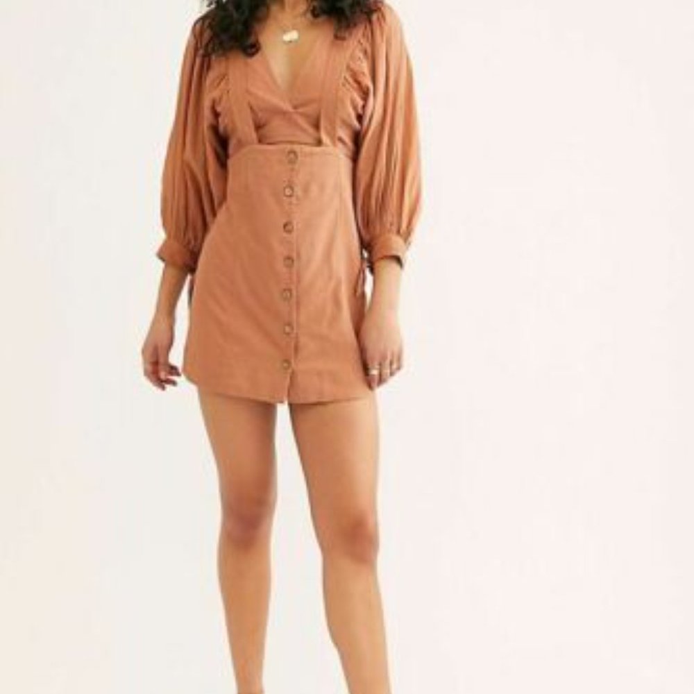 Free People Flynn Jumper Set Button Cutout Tie Apron Sleeve Cotton Set